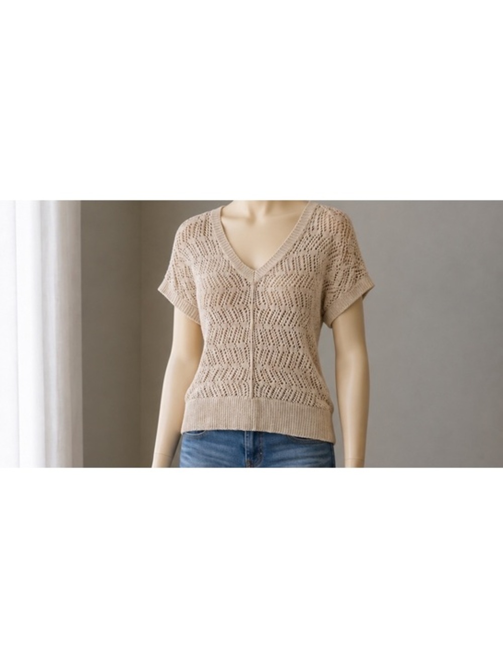 Sonoma Life + Style Women L Beige Open Knit V Neck Sweater Boho Crochet Dolman
